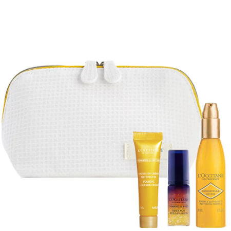 L'Occitane Immortelle Set 3 pcs With IMM Divine Sept 2020 Pouch  ภายในประกอบไปด้วย  L'occitane Immortelle Divine Mousse En Creme Nettoyante Foaming Cleansing Cream 14 ml  L'occitane Immortelle Reset Overnight Reset Oil-In-Serum 5ml  L'occitane Immortelle Activating Essence 30 ml  กระเป๋า 1 ใบ